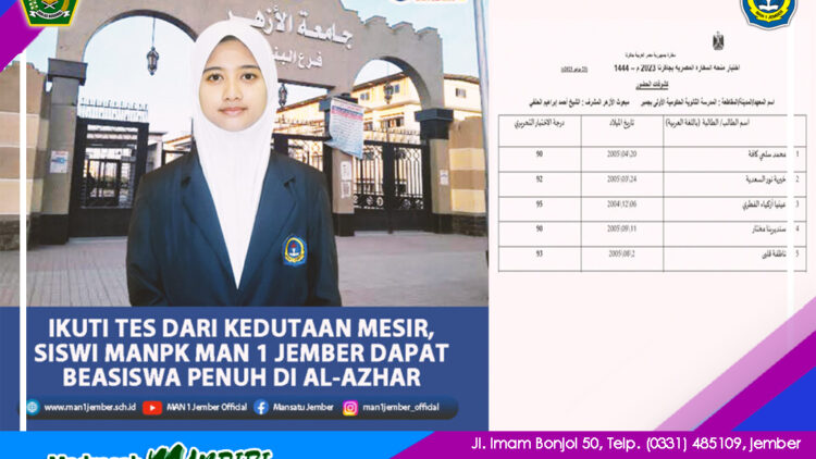 IKUTI TES DARI KEDUTAAN MESIR, SISWI MANPK MAN 1 JEMBER DAPAT BEASISWA PENUH DI AL-AZHAR KAIRO